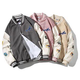 Lettering Embroidered Fleece-lined Baseball Jacket
