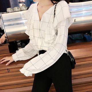 Checked Ruffle Trim Blouse As Shown In Figure - One Size