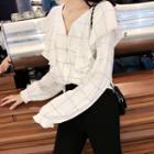 Checked Ruffle Trim Blouse As Shown In Figure - One Size