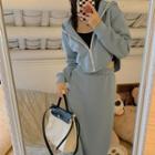 Long-sleeve Contrast Trim Hooded Zip Jacket / Contrast Trim Midi Skirt