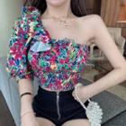 Elbow-sleeve One-shoulder Floral Print Blouse Floral - Red & Blue & Green - One Size