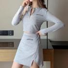 Set: Long-sleeve Lettering T-shirt + Mini Fitted Skirt