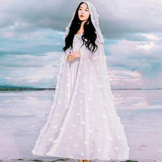 Set: Spaghetti Strap Midi A-line Chiffon Dress + Cape Coat