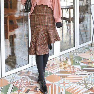 Cutaway Ruffle-hem Check Skirt