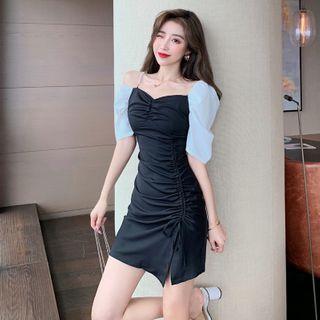 Off-shoulder Short-sleeve Pleated Split Dress