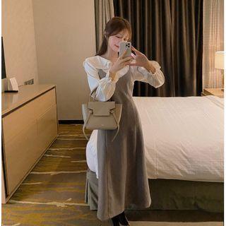 Set: Long-sleeve Ruffled Blouse / Check Jumper Dress