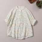 Short-sleeve Floral Blouse Green & Yellow Flowers - White - One Size