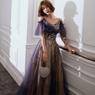 Cold-shoulder Floral Embroidered A-line Mesh Evening Gown / Spaghetti Strap Evening Gown