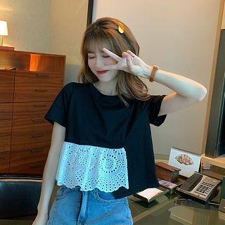 Eyelet Lace Panel Short-sleeve Cropped T-shirt