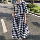 Plaid Short-sleeve A-line Midi Shirtdress As Shown In Figure - One Size