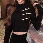 Long-sleeve Frog-buttoned Stand Collar Crop Top
