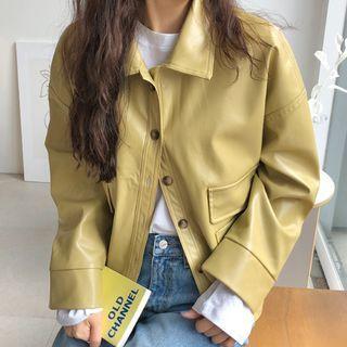 Collared Faux Leather Button-up Jacket