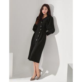 Button-detail Pleated Long Dress