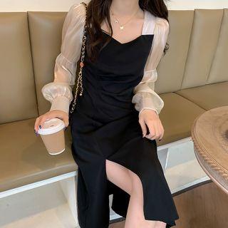 Long-sleeve Two-tone Midi A-line Dress / Mini A-line Dress