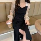 Long-sleeve Two-tone Midi A-line Dress / Mini A-line Dress