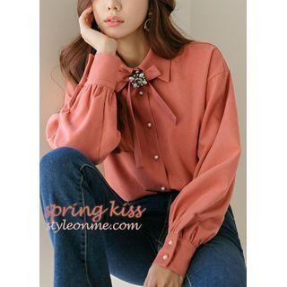 Tie-neck Bishop-sleeve Corduroy Blouse