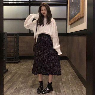 Ruffle Trim Blouse / Dotted Midi A-line Skirt