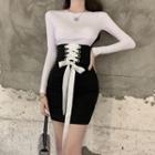 Long-sleeve T-shirt / Lace-up Mini Pencil Skirt