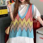Short-sleeve Plain T-shirt / Color Block Knit Vest