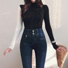 Two-tone Mock Neck Knit Top As Shown In Figure - One Size