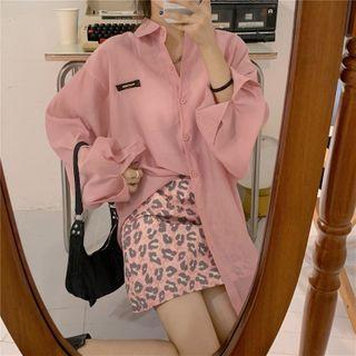 Long-sleeve Lettering Sheer Shirt / Leopard Print A-line Mini Skirt