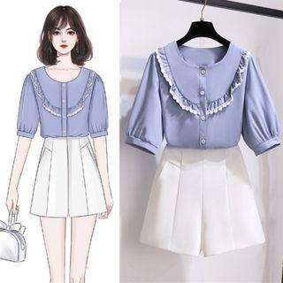 Elbow-sleeve Ruffled Blouse / High-waist Shorts / Set