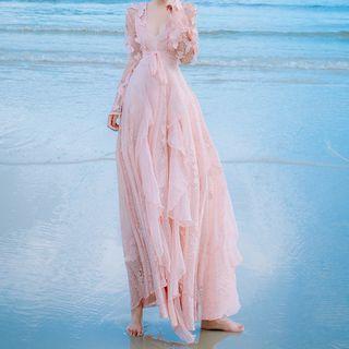 Set: Spaghetti Strap Midi A-line Chiffon Dress + Lace Jacket