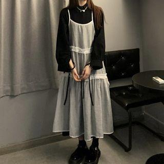 Long-sleeve Shirt Dress / Spaghetti Strap Mesh Dress