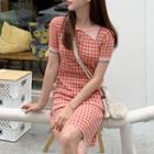 Short-sleeve Checked Knit Mini Polo Dress