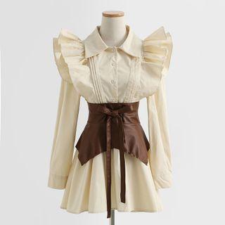 Set: Long-sleeve Ruffled Mini A-line Dress + Corset Belt