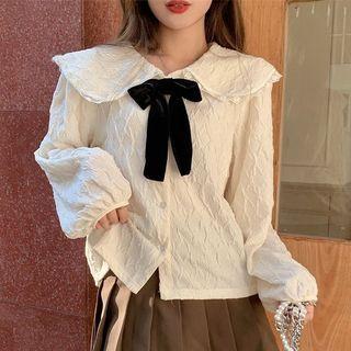 Long-sleeve Embossed Tie-neck Blouse