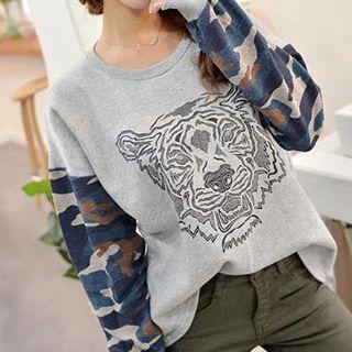 Camouflage-sleeve Tiger Print Pullover