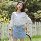 Elbow-sleeve Cold-shoulder Striped Mock Two-piece Top White - One Size