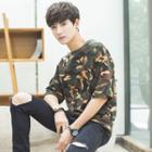 Elbow-sleeve Floral Print Camouflage T-shirt