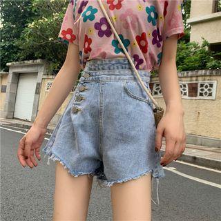 High-waist Washed Button-up Shorts