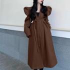 Open-front Puff-sleeve Long Wool Jacket With Sash