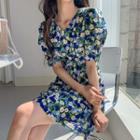 Puff-sleeve Floral Print Minidress Blue - One Size