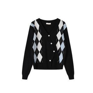 Asymmetrical V Neck Square Print Knit Cardigan