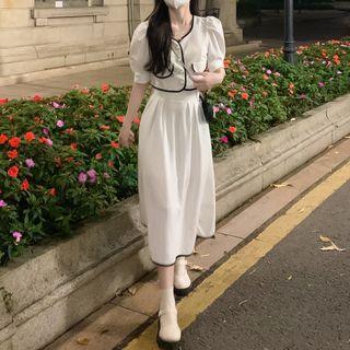 Short-sleeve Contrast Trim Top / High-waist Plain Skirt