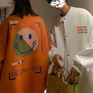 Smiley Face Print Baseball Jacket