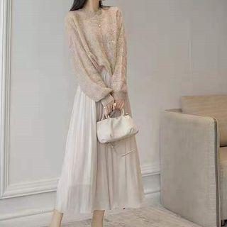 Set: Plain Pointelle Sweater + Pleated Midi Skirt
