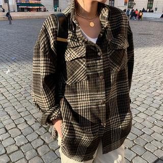 Flap-pocket Plaid Flannel Shirt Brown - One Size