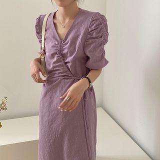 Short-sleeve V-neck Drawstring Plain Dress Purple - One Size