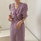 Short-sleeve V-neck Drawstring Plain Dress Purple - One Size