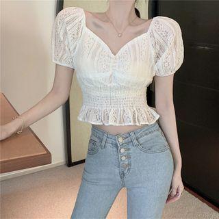 Puff-sleeve Crochet Lace Top As Shown In Figure - One Size