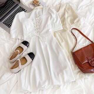 Puff-sleeve Plain Square-neck Lace-up A-line Dress