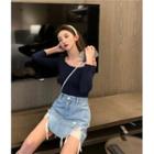 Long-sleeve Plain T-shirt / Distressed A-line Mini Skirt