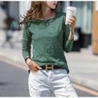 Long-sleeve Buttoned Round Neck Top