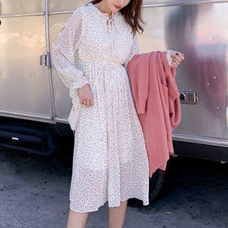 Long-sleeve Floral A-line Dress Dot - White - One Size