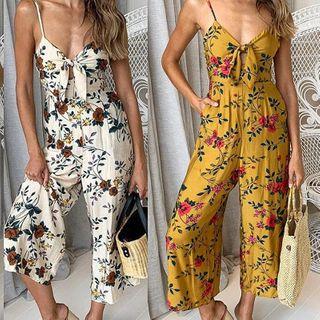 Spaghetti Strap Floral Print Tie-front Cropped Jumpsuit